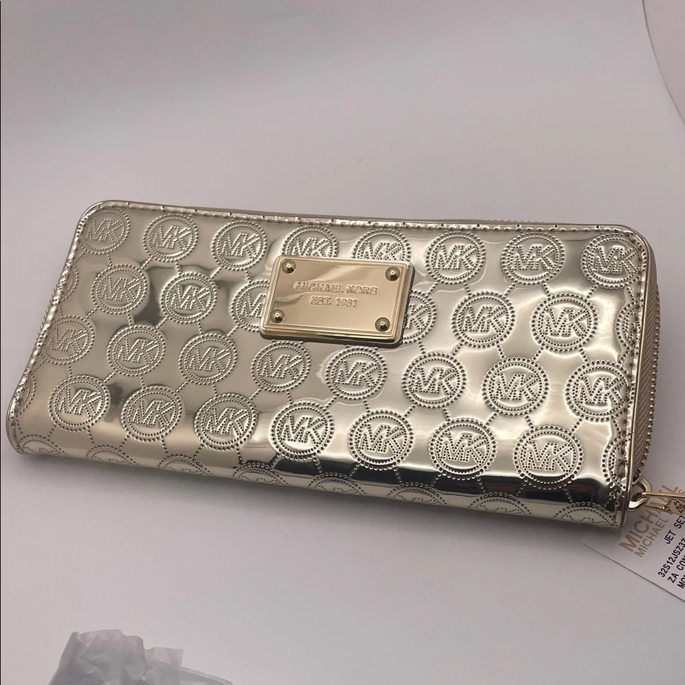 Michael Kors Metallic Gold Wallet Jet Set Mono Mirror zippered